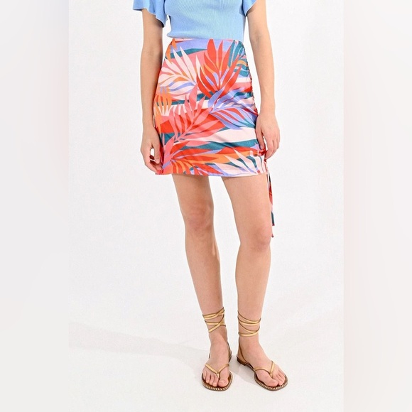 NWT Molly Bracken Roma Pink Sunset Retro Tropical Palm Tree Ruched Tie Skirt L - Picture 12 of 12